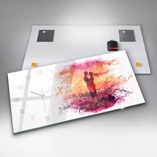 Ceas orizontale de perete din sticlă Acuarele cuplu de îndrăgostiți