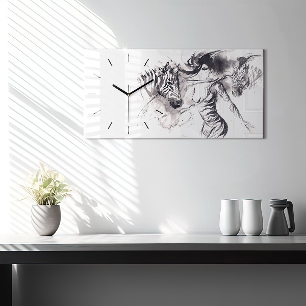 Ceas orizontale de perete din sticlă Femeie și zebre
