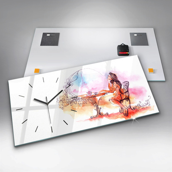 Ceas orizontale de perete din sticlă Femeie care bea ceai