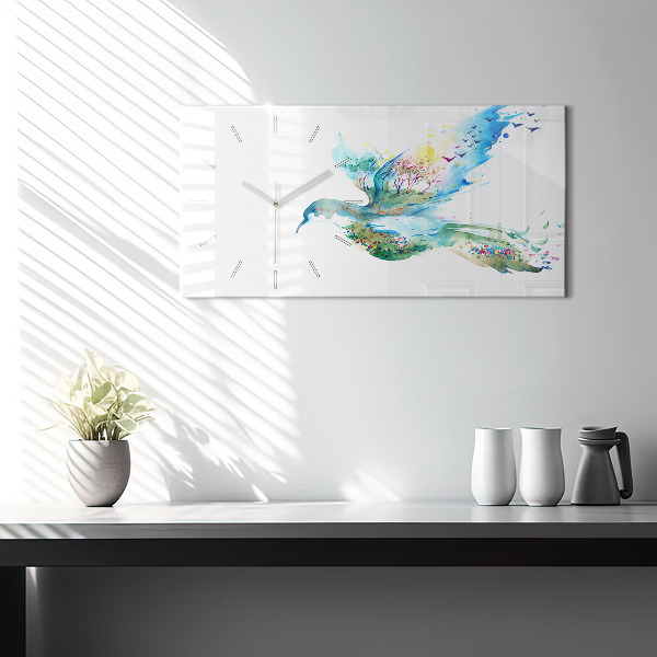 Ceas orizontale de perete din sticlă Abstracția păsărilor și a primăverii