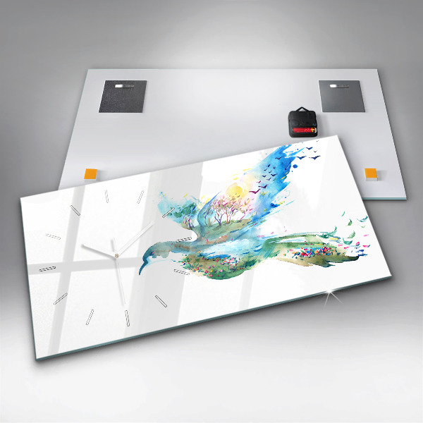 Ceas orizontale de perete din sticlă Abstracția păsărilor și a primăverii