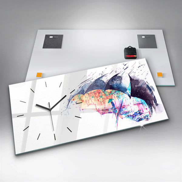 Ceas orizontale de perete din sticlă Umbrelă de ploaie și oraș