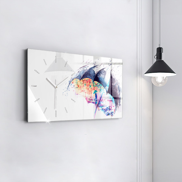 Ceas orizontale de perete din sticlă Umbrelă de ploaie și oraș