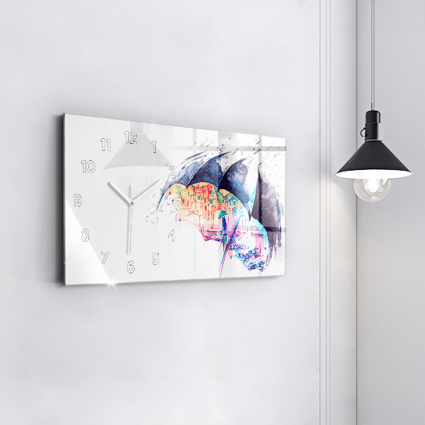 Ceas orizontale de perete din sticlă Umbrelă de ploaie și oraș