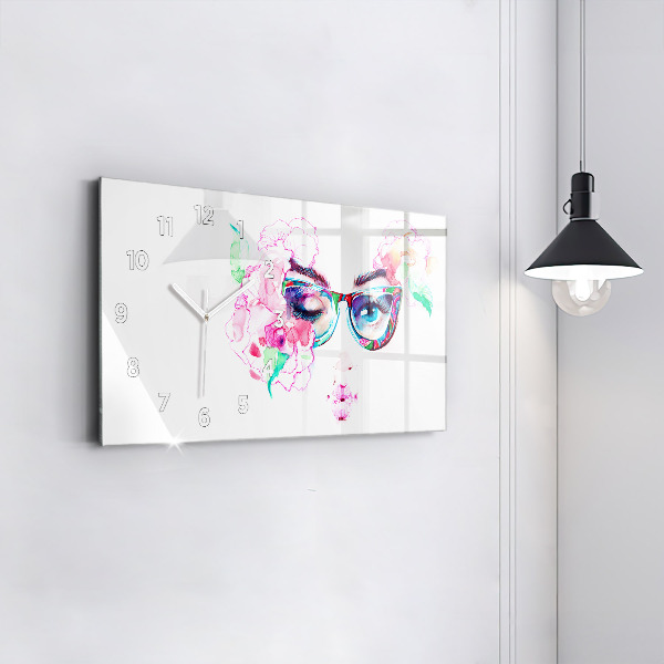 Ceas orizontale de perete din sticlă Chipul De Femeie Cu Ochelari