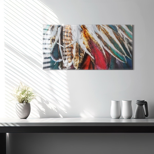 Ceas orizontale de perete din sticlă Pene de pasăre maro deschis