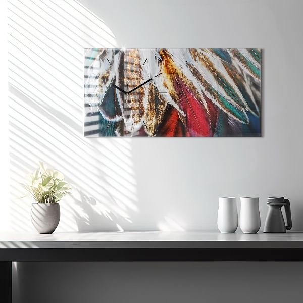 Ceas orizontale de perete din sticlă Pene de pasăre maro deschis