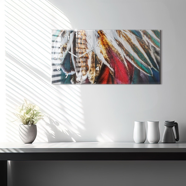 Ceas orizontale de perete din sticlă Pene de pasăre maro deschis