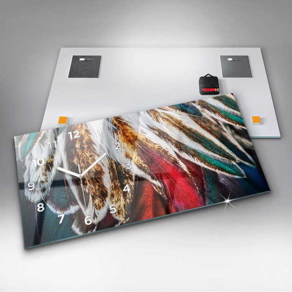Ceas orizontale de perete din sticlă Pene de pasăre maro deschis