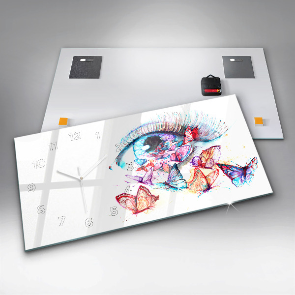 Ceas orizontale de perete din sticlă Fluturi cu ochi colorați