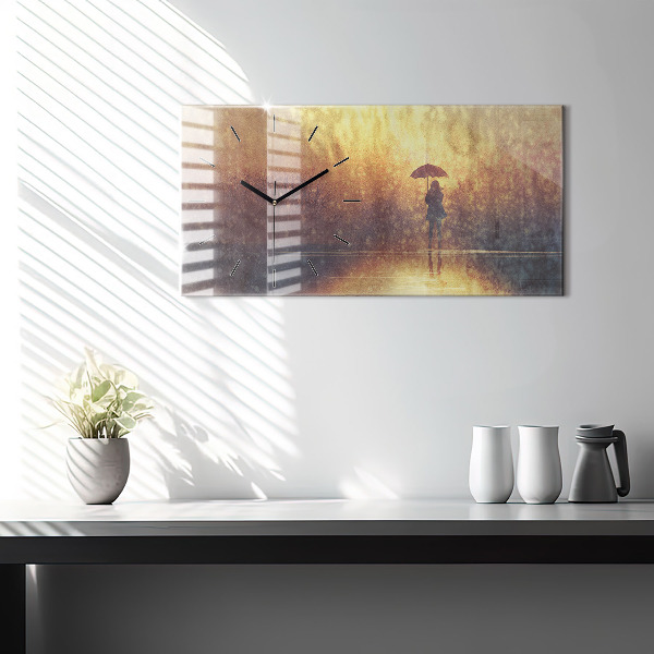 Ceas orizontale de perete din sticlă femeie cu umbrelă