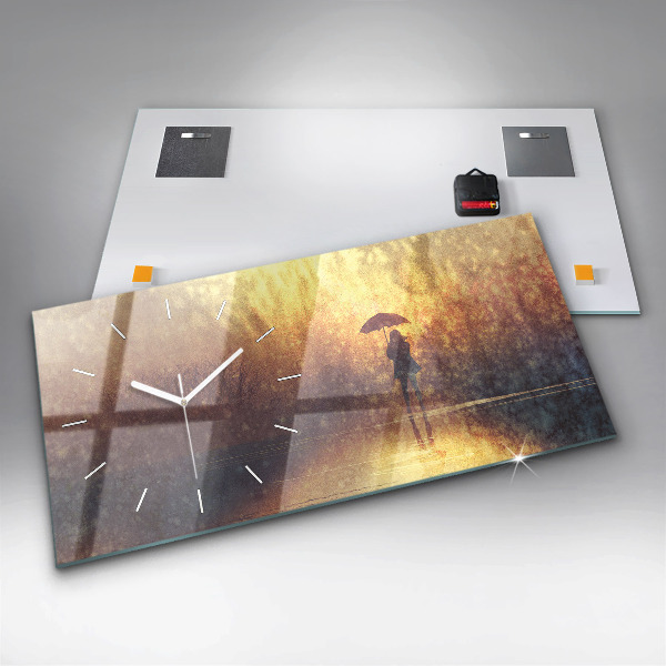 Ceas orizontale de perete din sticlă femeie cu umbrelă