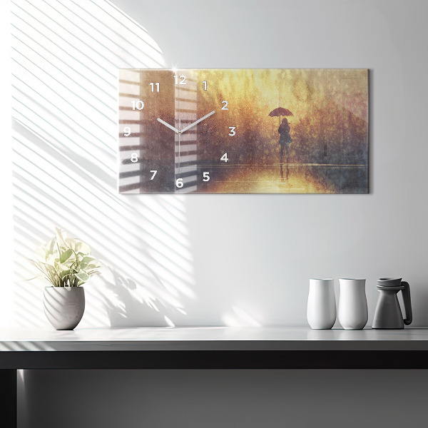 Ceas orizontale de perete din sticlă femeie cu umbrelă