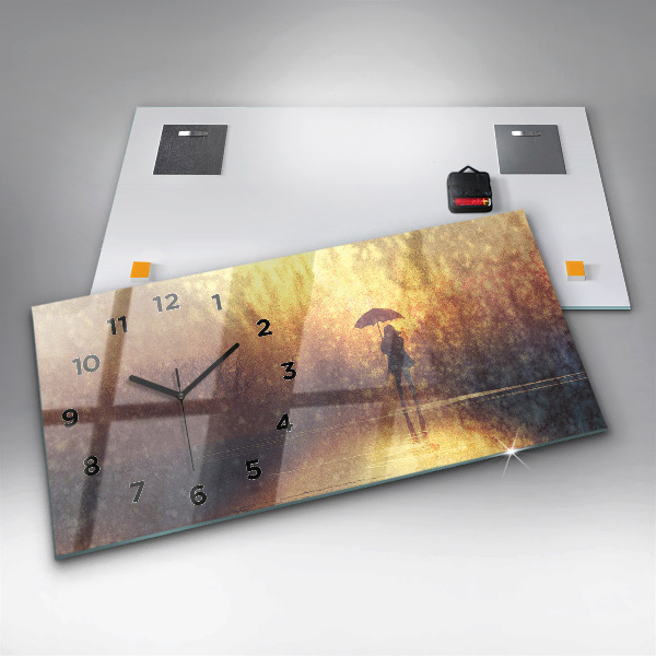 Ceas orizontale de perete din sticlă femeie cu umbrelă