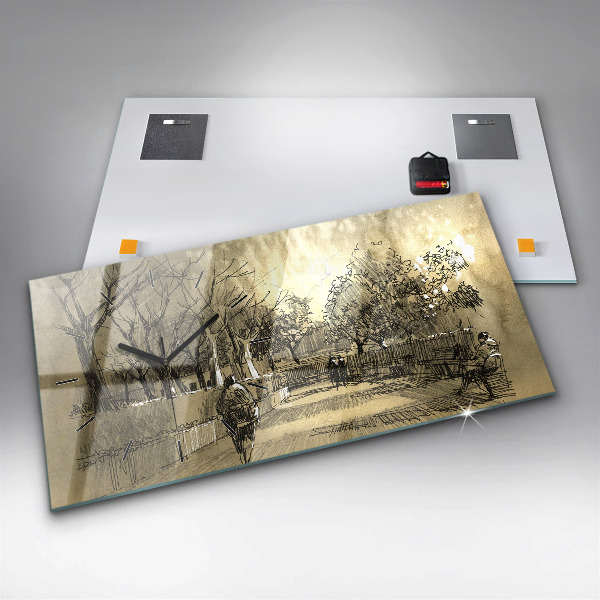 Ceas orizontale de perete din sticlă Parc și copaci în sepia