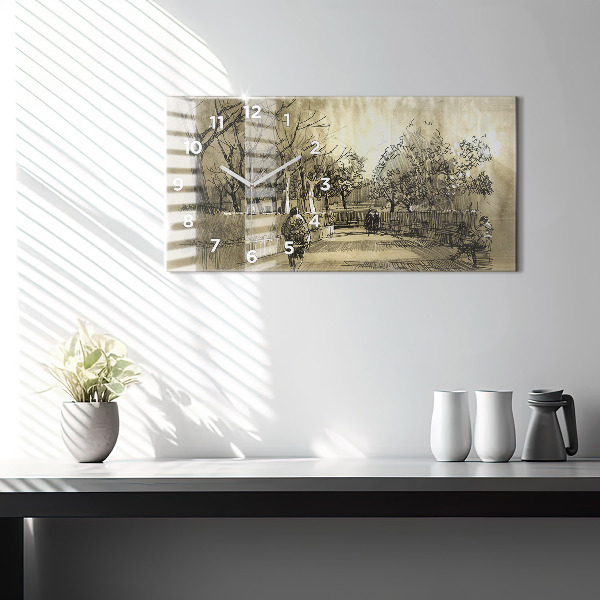 Ceas orizontale de perete din sticlă Parc și copaci în sepia