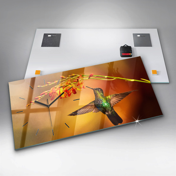 Ceas orizontale de perete din sticlă Pasăre colibri