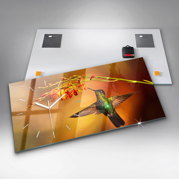 Ceas orizontale de perete din sticlă Pasăre colibri