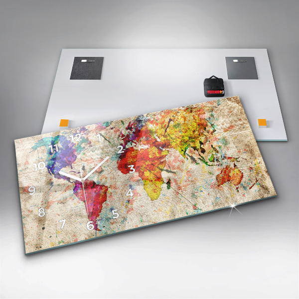 Ceas orizontale de perete din sticlă Harta lumii colorate