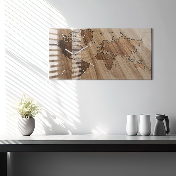 Ceas orizontale de perete din sticlă Harta lumii pe lemn