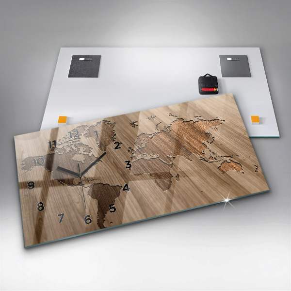 Ceas orizontale de perete din sticlă Harta lumii pe lemn