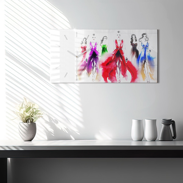 Ceas orizontale de perete din sticlă Femei în rochii colorate