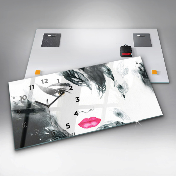 Ceas orizontale de perete din sticlă Portret de femeie cu buze roșii