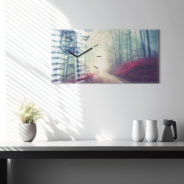 Ceas orizontale de perete din sticlă Drum de toamnă pădure ceață