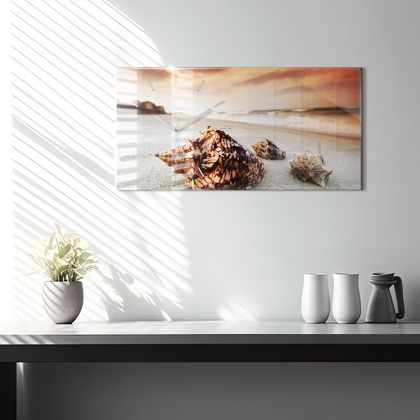 Ceas orizontale de perete din sticlă Scoici pe plajă