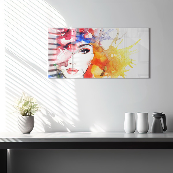 Ceas orizontale de perete din sticlă Portret de femeie colorat