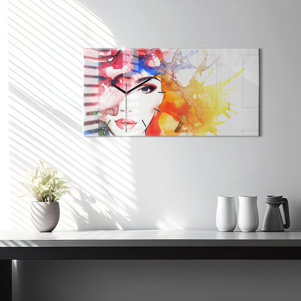 Ceas orizontale de perete din sticlă Portret de femeie colorat