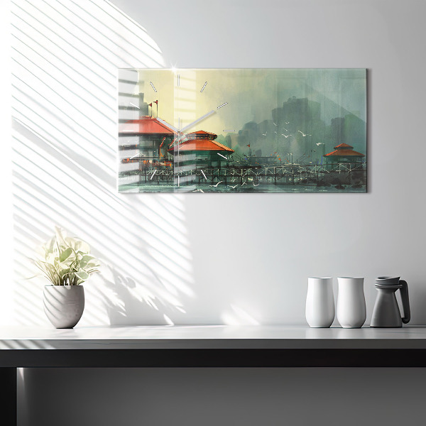 Ceas orizontale de perete din sticlă Sat de pescari