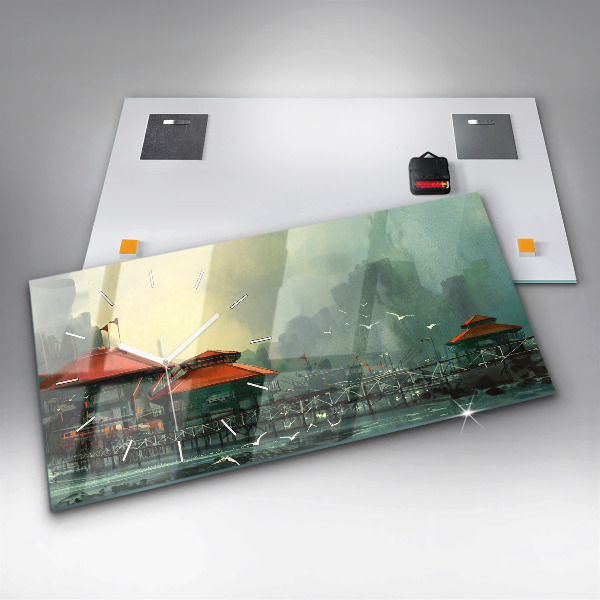 Ceas orizontale de perete din sticlă Sat de pescari