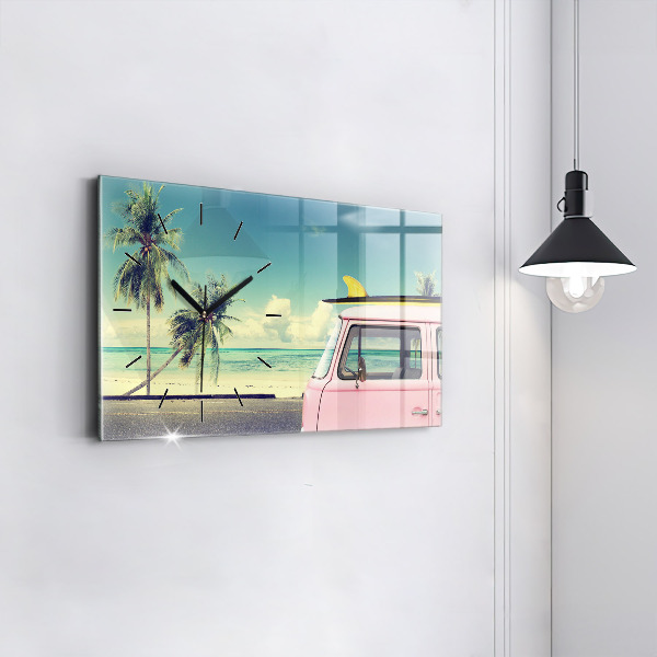 Ceas orizontale de perete din sticlă Mașină cu o placă de surf