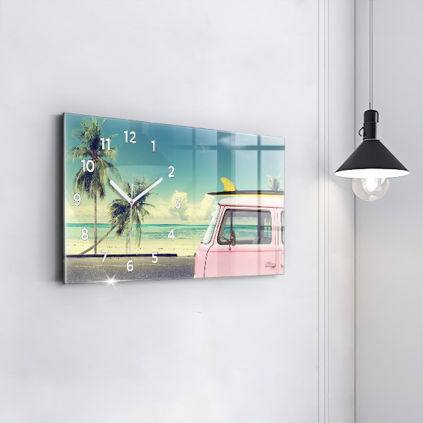Ceas orizontale de perete din sticlă Mașină cu o placă de surf