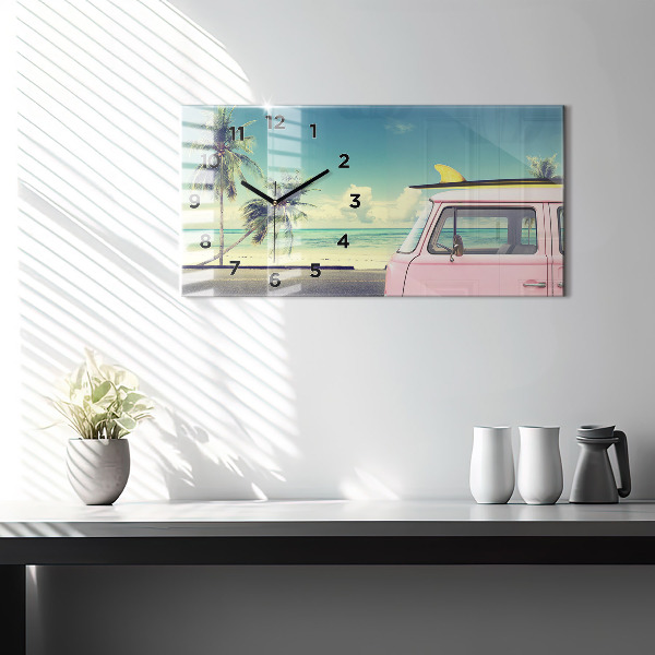 Ceas orizontale de perete din sticlă Mașină cu o placă de surf