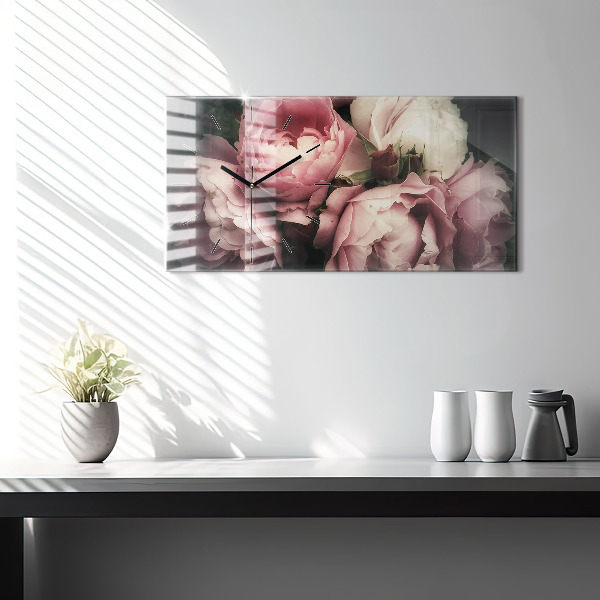 Ceas orizontale de perete din sticlă Buchet de trandafiri roz