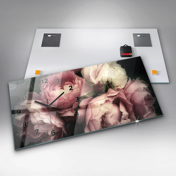 Ceas orizontale de perete din sticlă Buchet de trandafiri roz