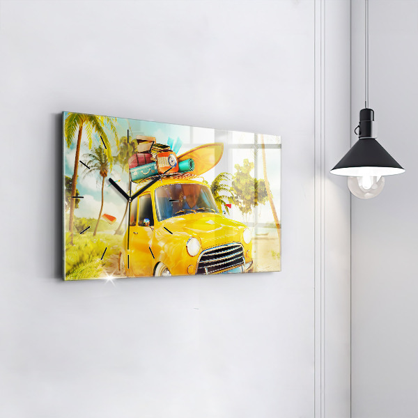 Ceas orizontale de perete din sticlă Mașină cu o placă de surf