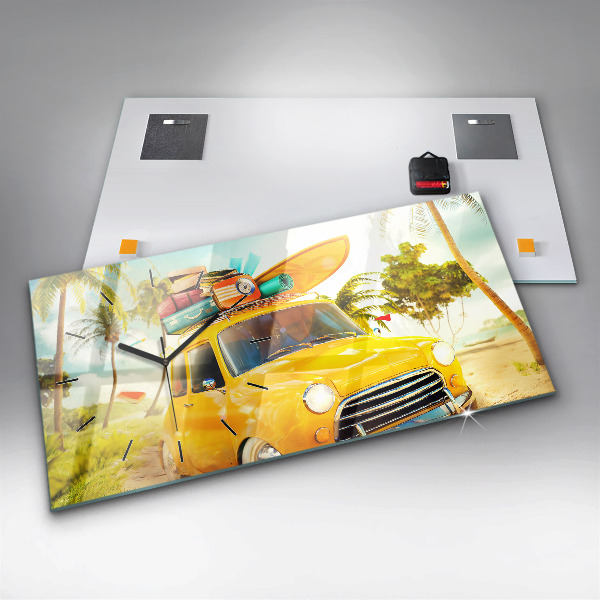 Ceas orizontale de perete din sticlă Mașină cu o placă de surf