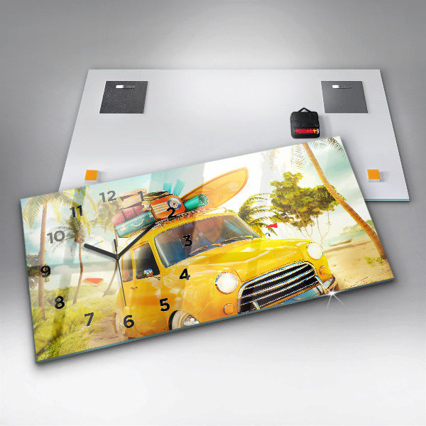 Ceas orizontale de perete din sticlă Mașină cu o placă de surf