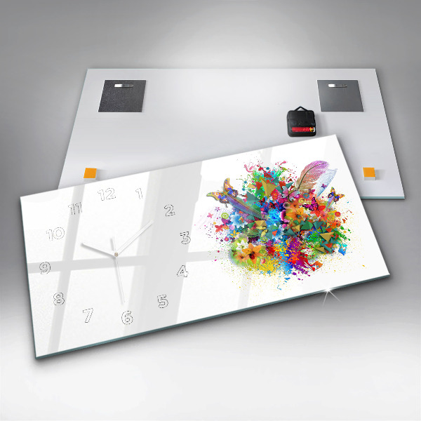 Ceas orizontale de perete din sticlă Armonie florală cu fluturi
