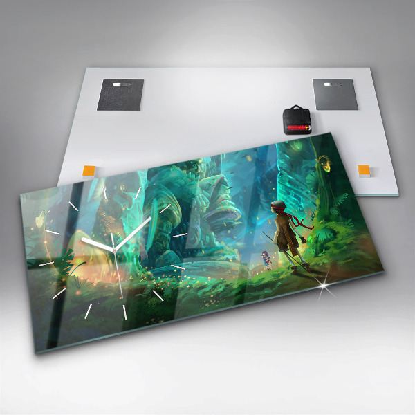 Ceas orizontale de perete din sticlă Copii într-o pădure de basm