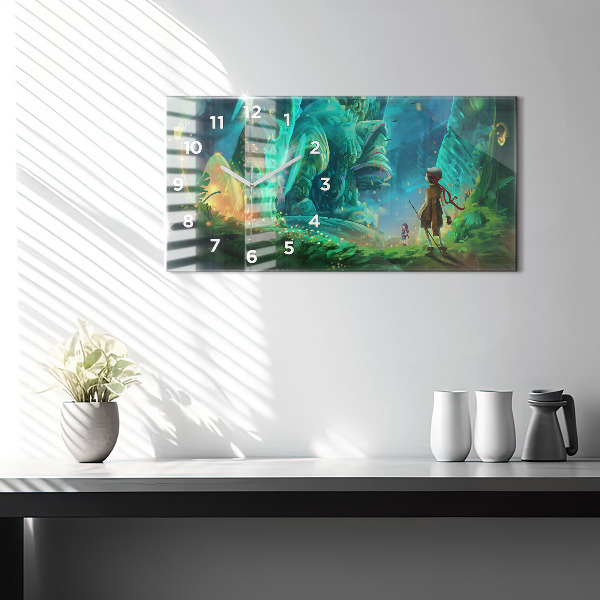 Ceas orizontale de perete din sticlă Copii într-o pădure de basm