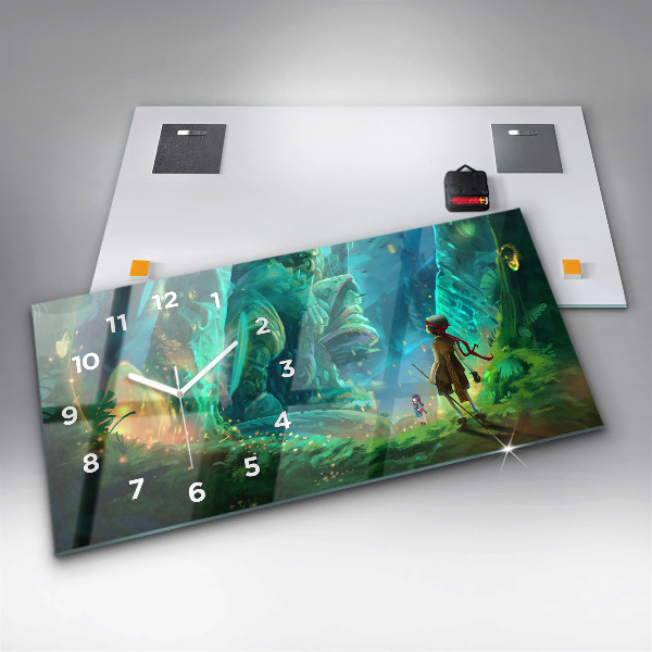 Ceas orizontale de perete din sticlă Copii într-o pădure de basm