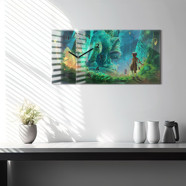 Ceas orizontale de perete din sticlă Copii într-o pădure de basm