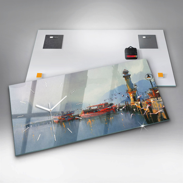 Ceas orizontale de perete din sticlă Barcă de pescuit în port