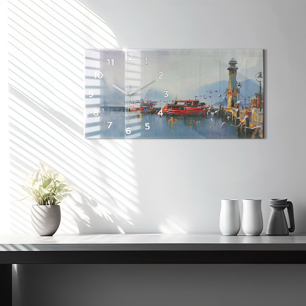 Ceas orizontale de perete din sticlă Barcă de pescuit în port