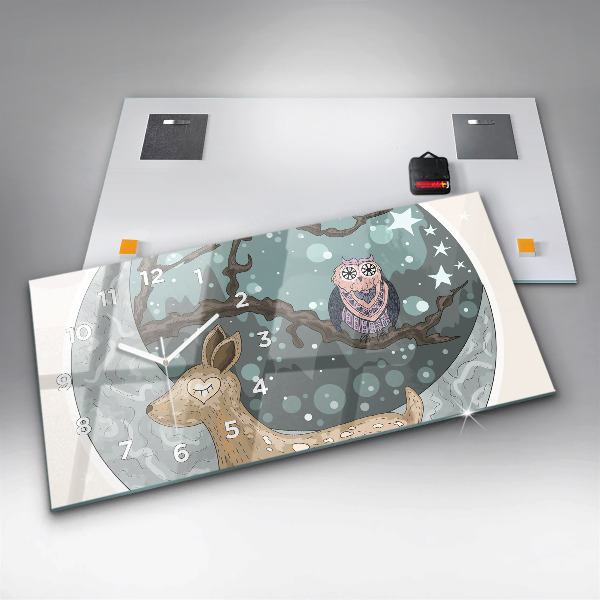 Ceas orizontale de perete din sticlă Animale nocturne Luna