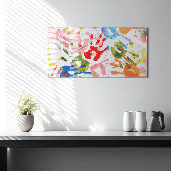 Ceas orizontale de perete din sticlă Amprentele mâinilor copiilor